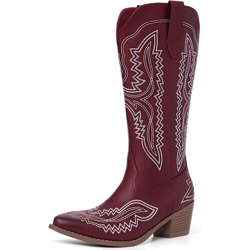 ⚡Women's Red Square Toe Cowgirl Boot Low Chunky Heel Embroidery Western Mid Calf